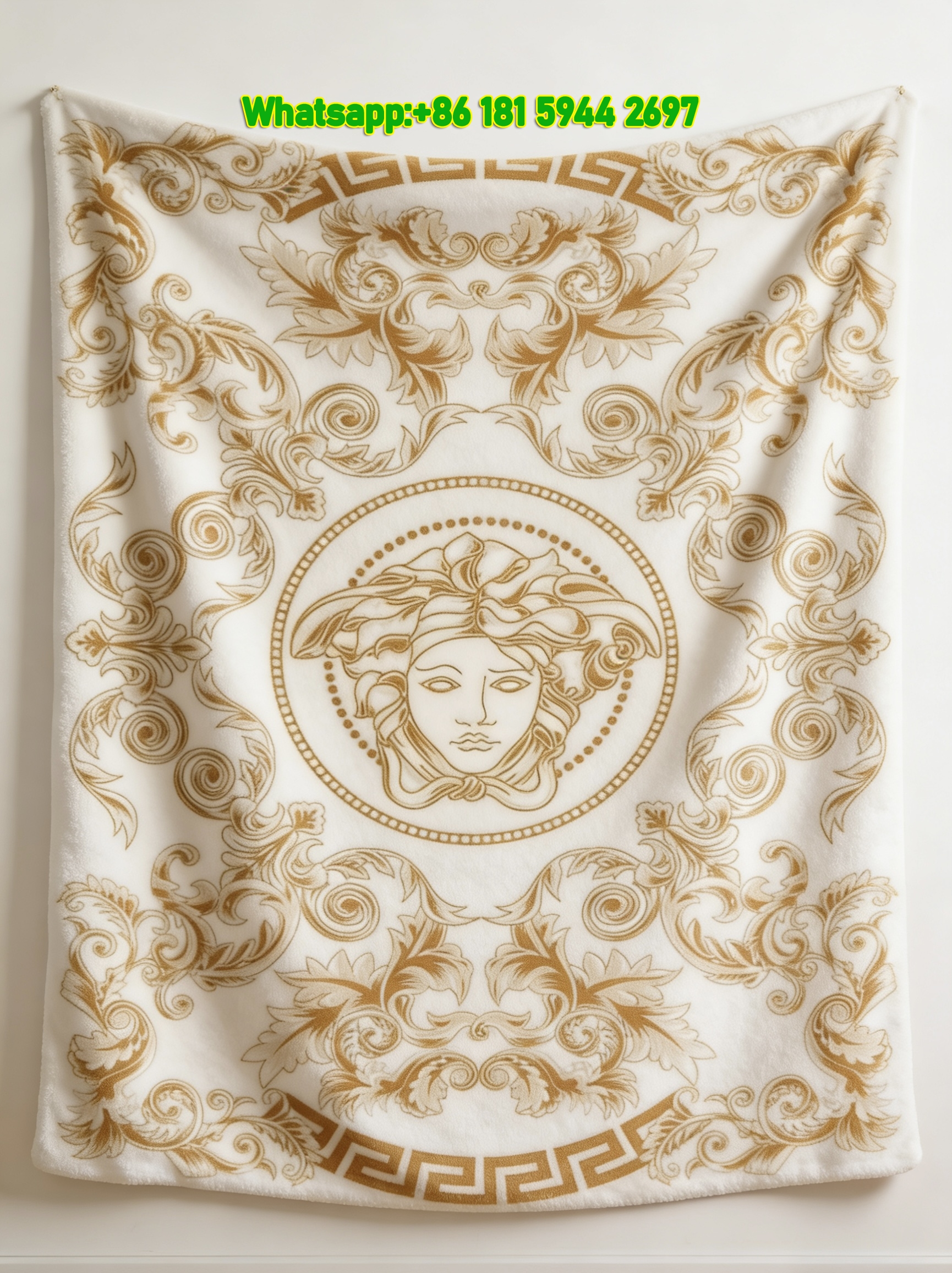 Versace White Gold Medusa Greek Key Baroque Floral Print Flannel Sofa Throw Blanket IMG_1301